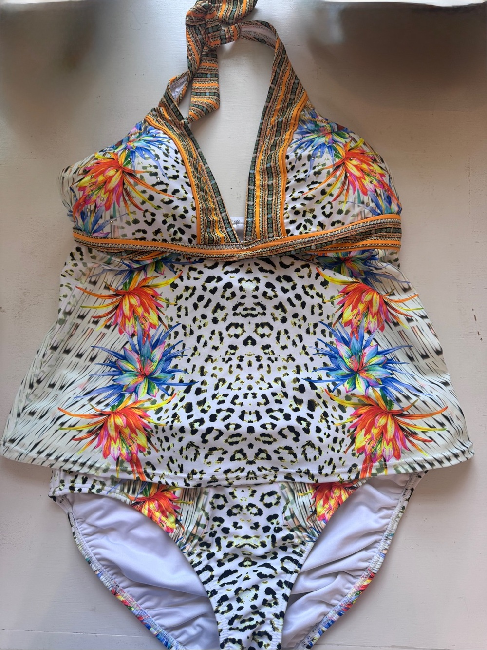 VENUS White Leopard Floral Halter Tankini with Multicolor Accents